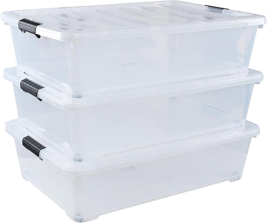 Zopnny 50 Quart Large Underbed Storage Bins with Lids, Plastic Under Bed Storage Containers, Clear, 3 Packs
