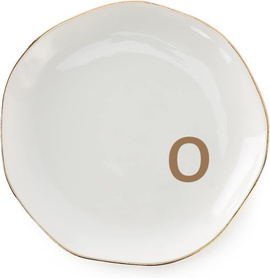 Initials Ring Dish Jewery Tray with Personalized O-Monogrammed Gifts Wedding Engagement for Women Friends Sister,Ceramic White