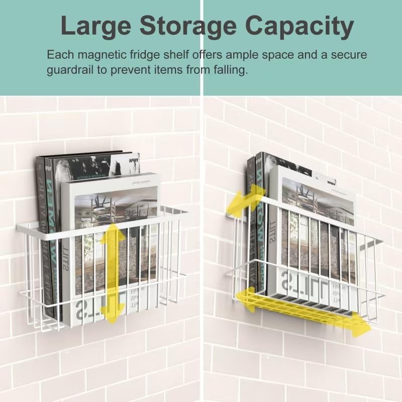 Magnetic Metal Basket Organizers, 2 Pack Large & Small, White, Strong Magnet Hanging Wire Storage Basket, Refrigerator/Whiteboard Classroom/Locker