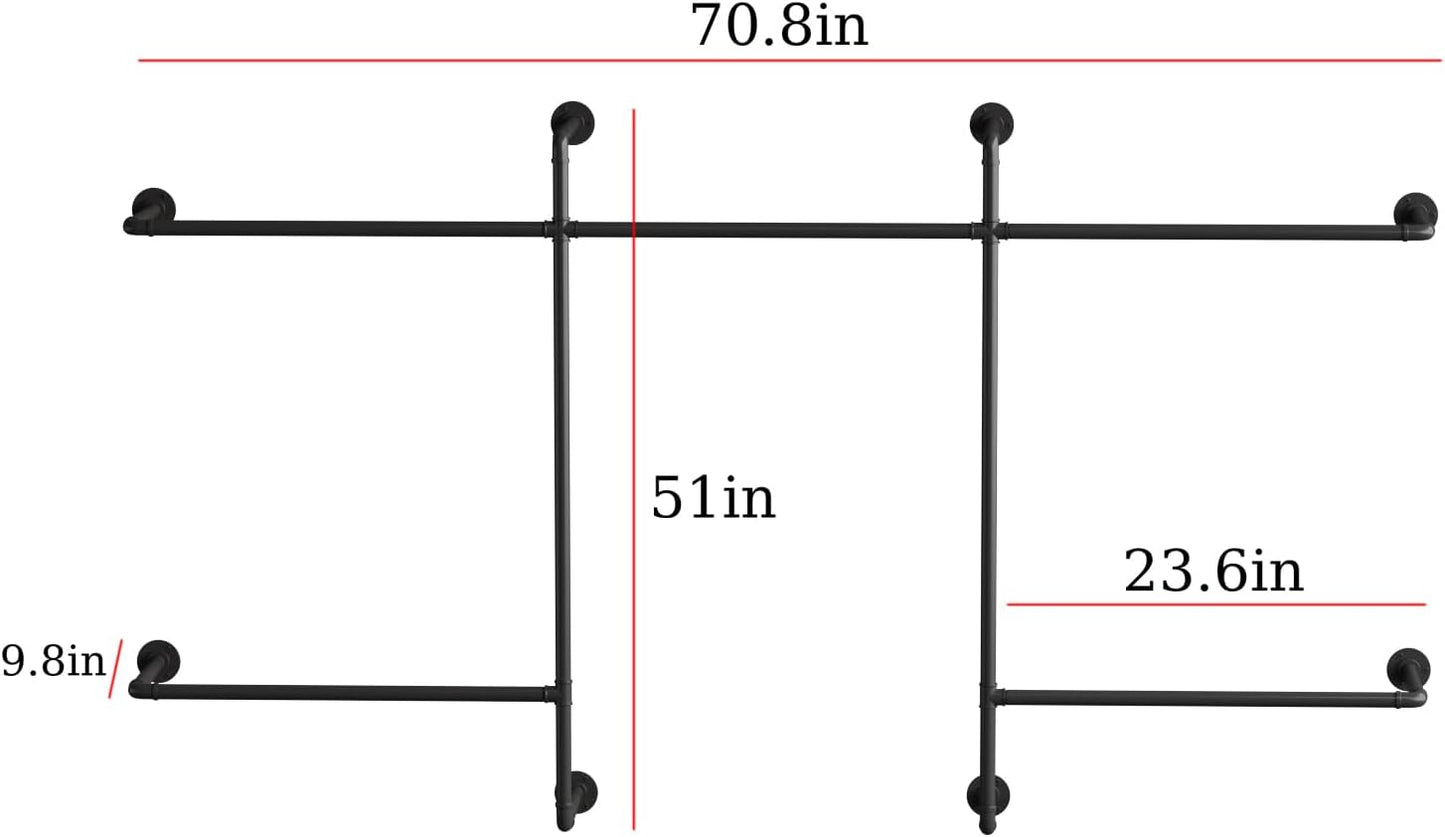 Industrial Pipe Clothing Racks with 5 Hanging Rods, Industrial Clothes Racks Wall Mounted, Heavy Duty Black Pipe Clothing Rack, Metal Closet Rods for Hanging Clothes