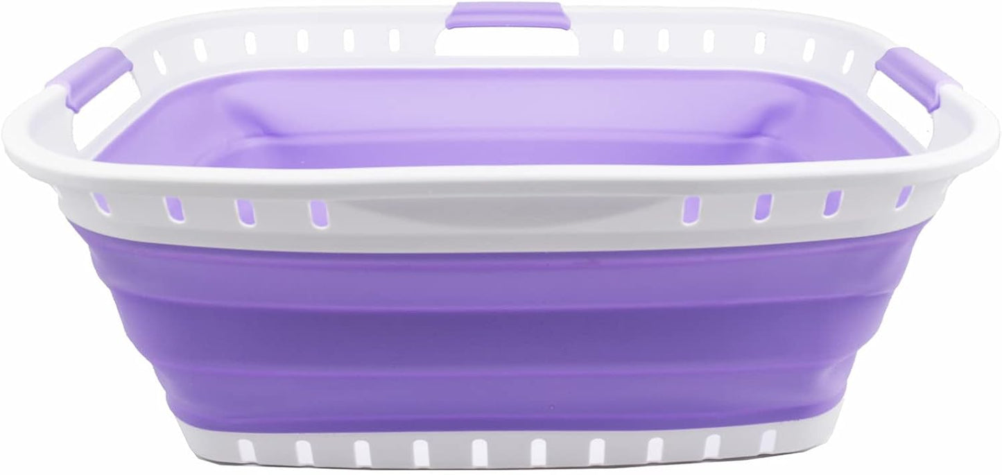SAMMART 44L (11.62 gallon) Collapsible Plastic Laundry Basket - Foldable Pop Up Storage Container/Organizer - Portable Washing Tub - Space Saving Hamper/Basket (1, White/Lt. Purple)