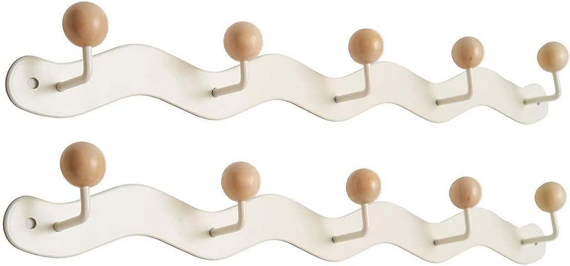 Coat Rack Wall Mount,White Wall Hooks Adhesive & Screw in,Anti-Tear Wooden Ball Hook Rail, Heavy Duty Metal Coat Hanger Wall Mount for Entryway, Bathroom, Bedroom, Kitchen2PACK (5-tri Hooks)