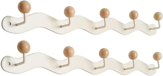 Coat Rack Wall Mount,White Wall Hooks Adhesive & Screw in,Anti-Tear Wooden Ball Hook Rail, Heavy Duty Metal Coat Hanger Wall Mount for Entryway, Bathroom, Bedroom, Kitchen2PACK (5-tri Hooks)
