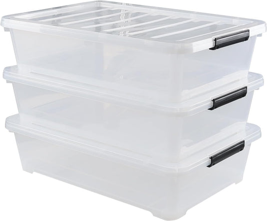 Gloreen 3-Packs Plastic Underbed Storage Bins with Lids, 40 Quart Latch Storage Box