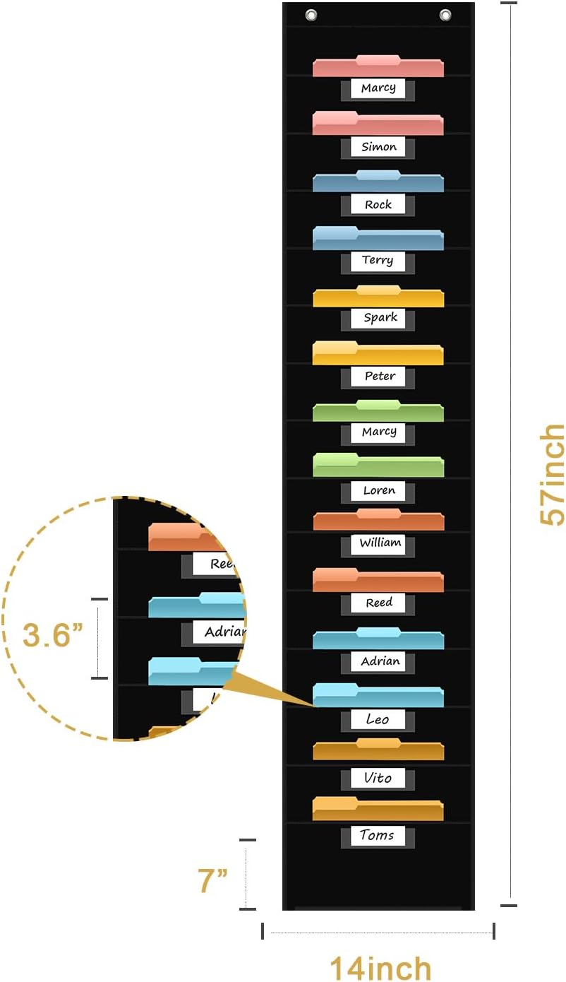 14 Pocket Hanging File Organizer with 14 Nametag Pockets. Black File Storage Pocket Chart for Classroom or Office Use. Perfectly Organizes Assignments, Files, Scrapbooks, and Documents.