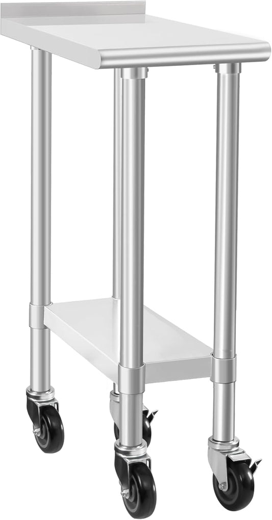 HARDURA Stainless Steel Commercial Work Table with Wheels Prep & Work Metal Table 24×12 Inches Heavy Duty NSF with Casters and 2" Backsplash