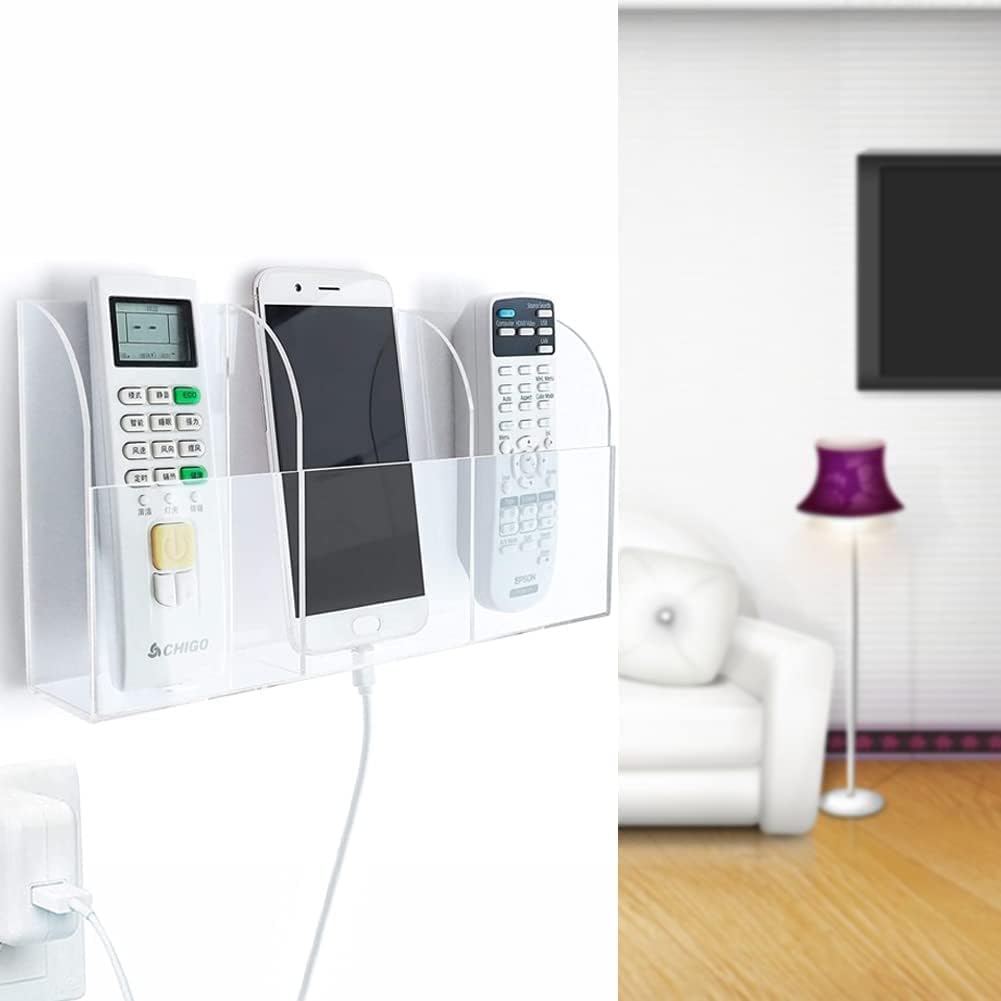 Large Acrylic 3-Slot Wall Mounted Smart Phone Charging Holder Station Clear Hanging TV Remote Controls Holder Media Organizer Wall Pansyling