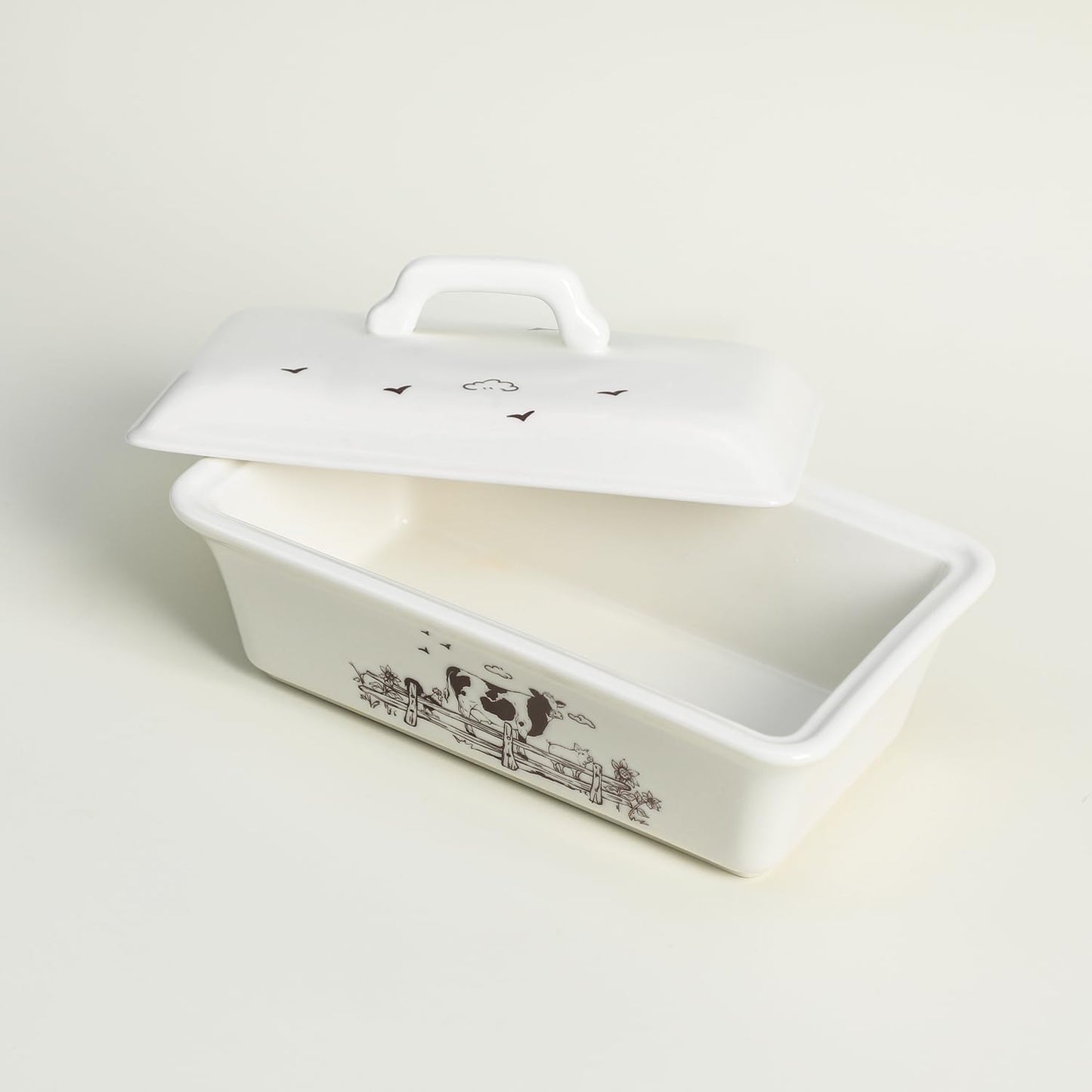 Ceramic Butter Dish with Lid Butter Keeper Butter Plate Tray for Kitchen Countertop, Farm Animals Cow Pig and Rooster Pattern Butter Crock Keeper Saver