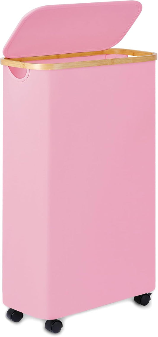 Slim Laundry Basket with Wheels,Narrow Hampers for Laundry,Freestanding Laundry Hamper with Lid&Bamboo Handles,Collapsible & Waterproof Tall Cloth Hamper for Dorm Family(60L Pink)