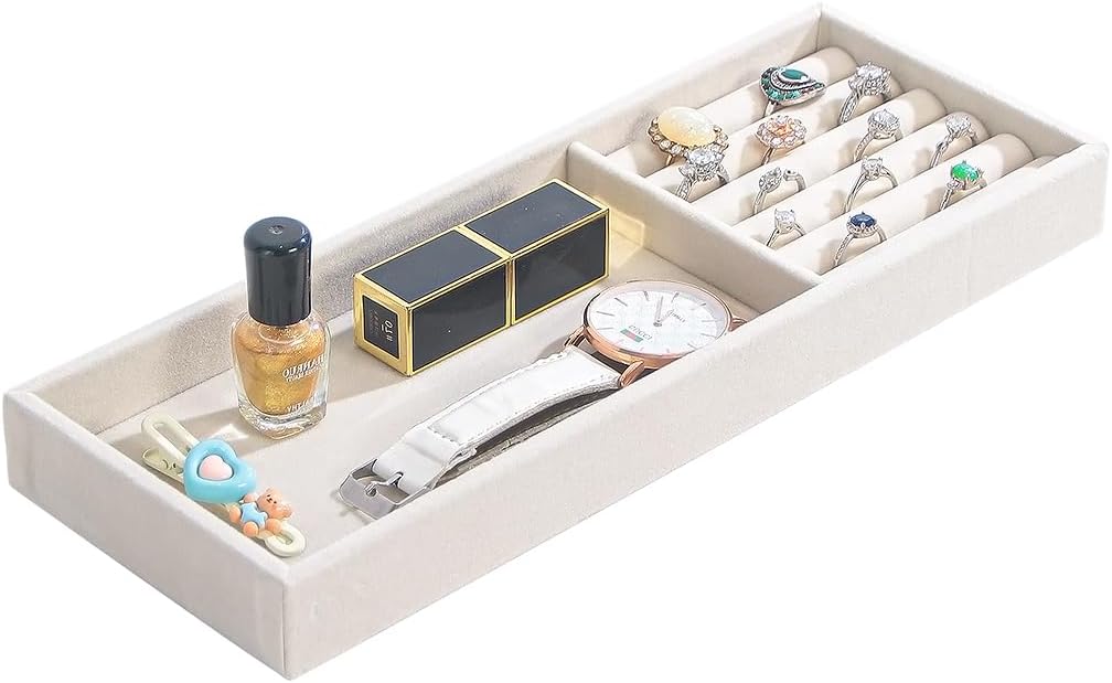 Divided Drawer Organizer Tray, Velvet Jewelry Storage Tray, Necklace Bracelet Ring Earring Display Tray,Bedside Nightstand Desk Holder Tray for Phone Watch Sunglasses Cosmetics Storage/Beige/2grid