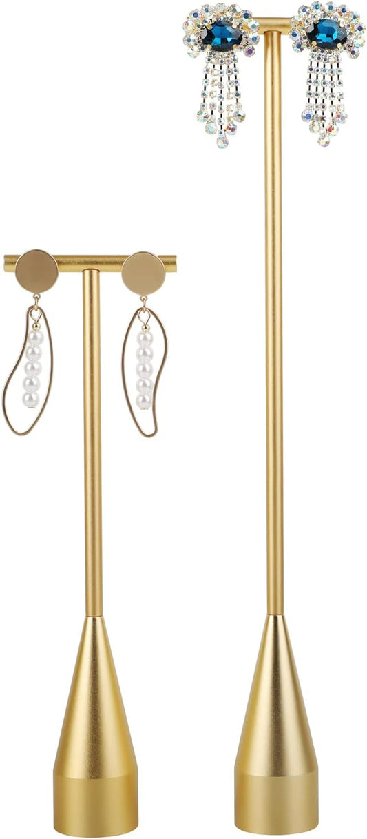 GemeShou 2pcs Gold earring display T bar stand, Big jewelry earring holders for Boutique Store, Jewelry holders high enough for long earring necklace【Gold-2pcs Height 7.9" and 11"】