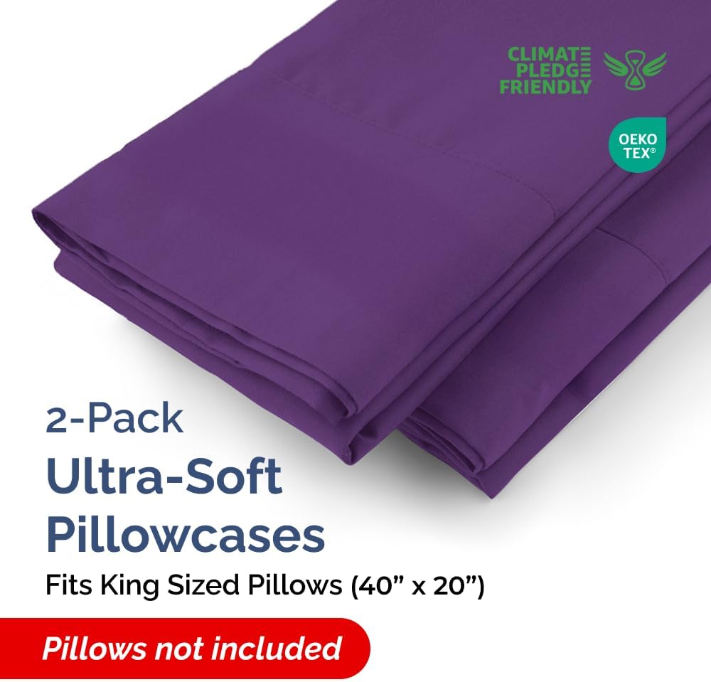 King Pillow Cases - 2 Pack - Super Soft Pillowcase Covers - Envelope Enclosure - Hotel Quality Pillow Protectors - Wrinkle Free, Fade, Shrink & Stain Resistant - Machine Washable - 20" x 40" (Purple)