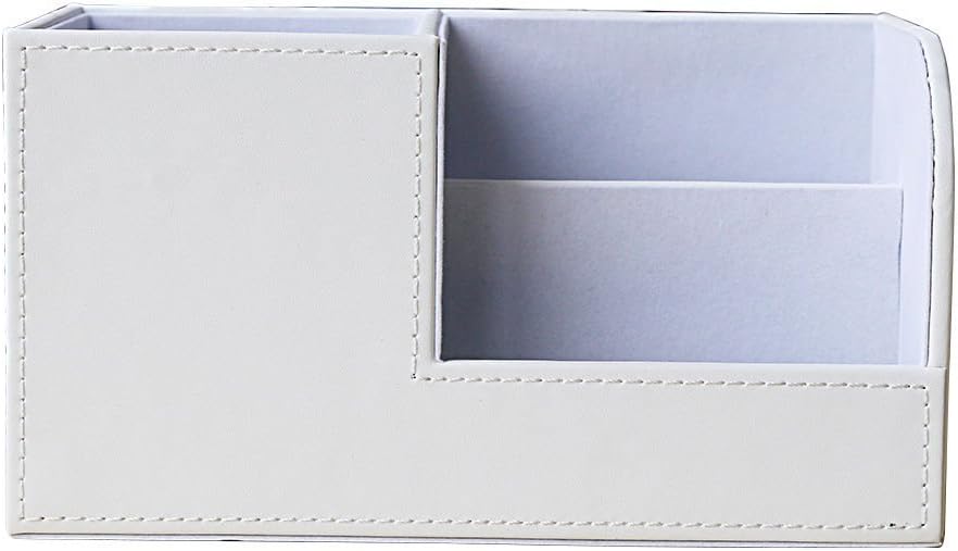 KINGFOM Desk Organizer Office Supplies Caddy Pu Leather Multi-function Storage Box Pen/Pencil,Cell phone, Business Name Cards Remote Control Holder White