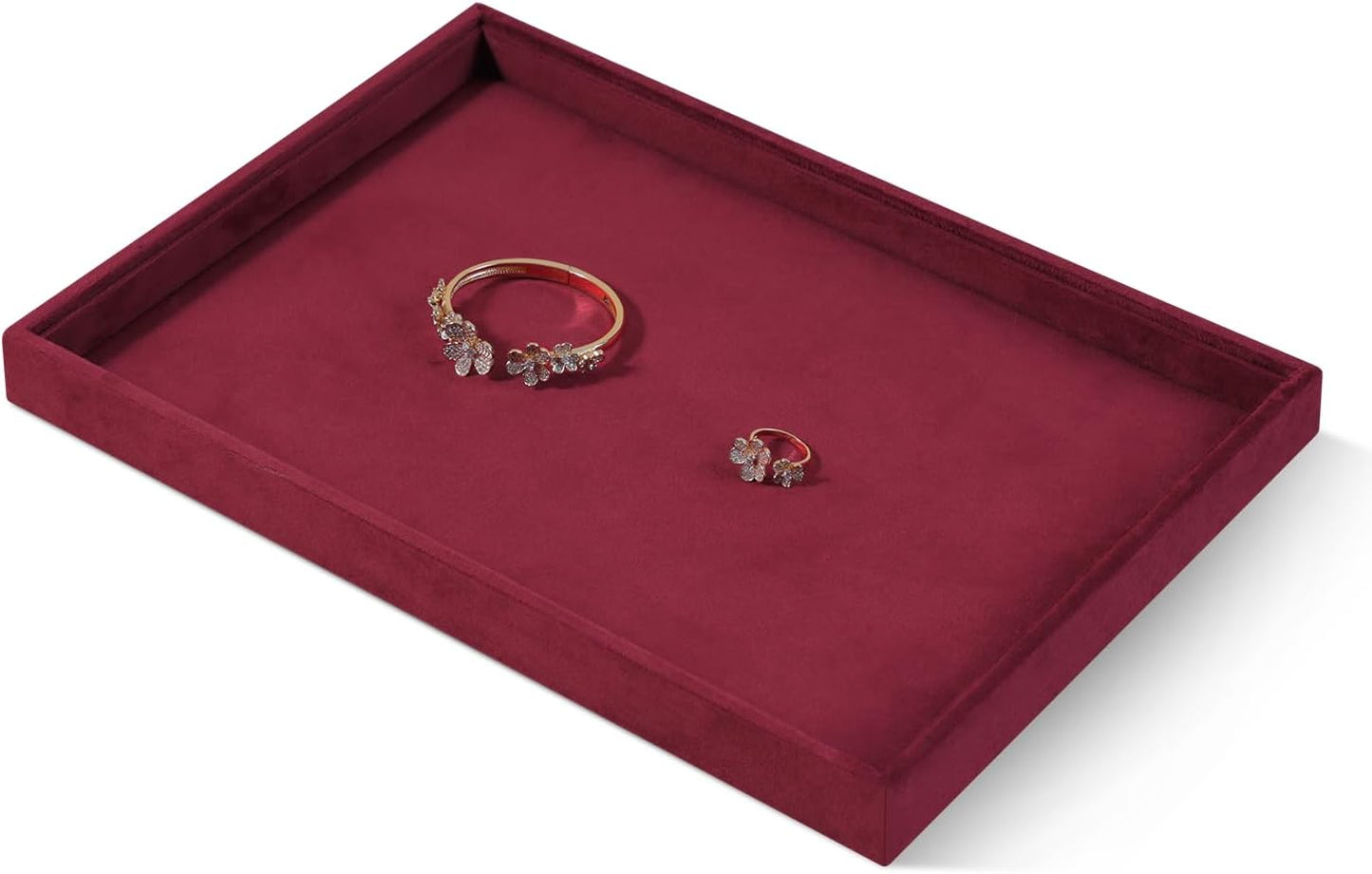 Velvet Stackable Jewelry Display Flat Tray For Ring Earring Necklace Bracelet, Bangle Pendant Storage Blank Plate, Shop Countertop Jewelry Dish Organizer (Red)