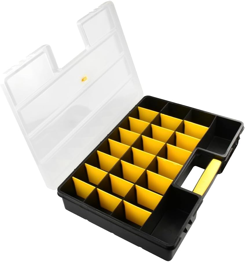 SE Adjustable 26-Compartment Plastic Storage Box - 18x12x3 Inch Organizer with Triple Lock, Translucent Lid, and Sturdy Handle - Ideal for Tools, Crafts, and Small Parts