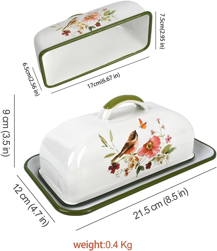 Enameled Farmhouse Vintage Butter Dish with Lid, 7.5 Inch Durable Kitchen Food Storage Container Rust-Resistant Refrigerator Safe,Vintage Decorative Design Kitchenware for Countertop
