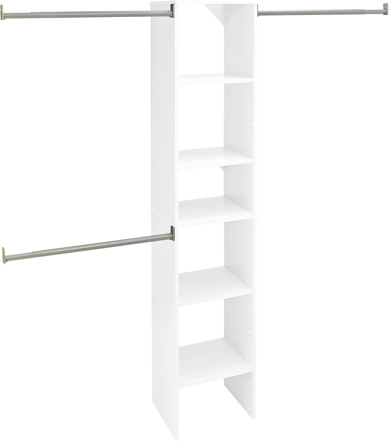 ClosetMaid SuiteSymphony Wood Closet Organizer Starter Kit with Tower and 3 Hang Rods, Shelves, Adjustable, Fits Spaces 4 – 9 ft. Wide, Pure White