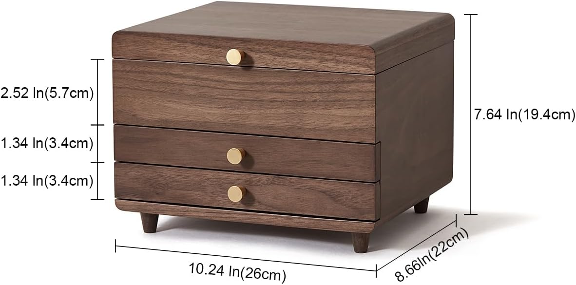 Wooden Jewelry Box, 3 Layer Large Jewelry Organizer for Women, Jewelry Storage, for Necklaces Rings Earring Watches Bracelets, Black Walnut Wood, Christmas Gifts