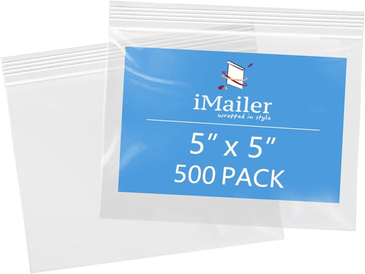 iMailer - 5" x 5" 500 Pack- 2 Mil Resealable Zip Bags- Small Clear Plastic Bags for Storage, Organizing, Crafts, Snacks, Jewelry, Hardware