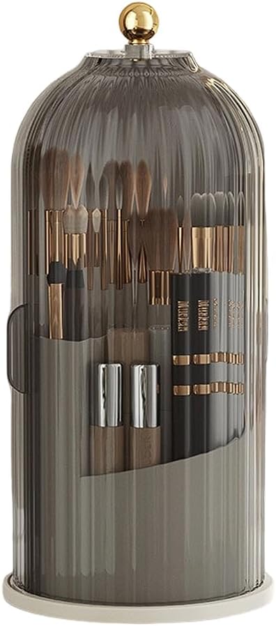 Covered 360° Rotating Makeup Brush Holder, Makeup Organizers with Lid, Clear Cover Brush Holder with Transparent Door Lid for Desktop, No Dust Toothbrush Holders for Vanity and Bath (Clear black)