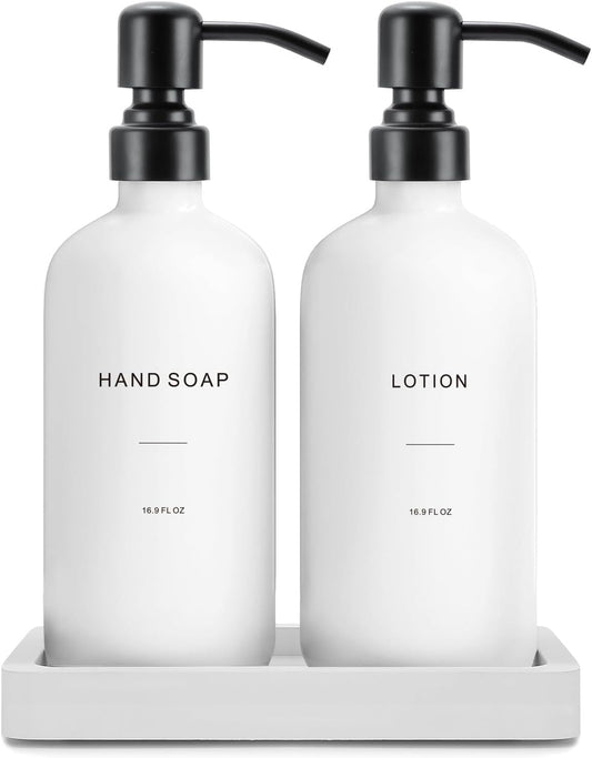 White Soap Dispenser Set, Contains Hand and Lotion Dispenser with Pump. Perfect for Guest Bathroom Decor. (White)