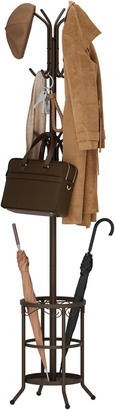 Coat Rack Freestanding With Umbrella Holder – Metal Hall Tree with 12 Hooks, Entryway Organizer for Hats, Bags, and Clothes (Brown)