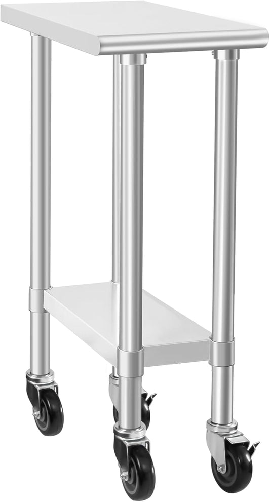HARDURA Stainless Steel Commercial Table Prep & Work Table with Casters Heavy Duty Metal Table with Wheels NSF 430 24×12 Inches