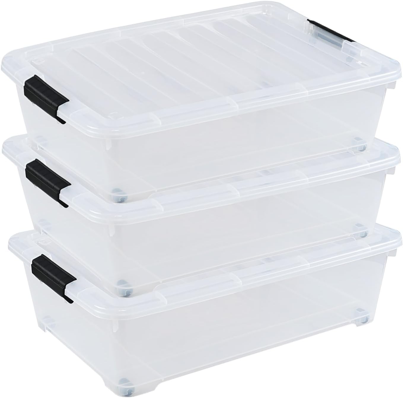 3-Pack 20 Quart Plastic Wheeled Latching Storage Boxes, Stackable Underbed Organizer Bins with Lid, Clear