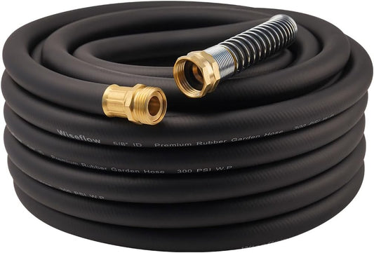 WiseFlow Garden Hose 50FT x 5/8", Heavy Duty Rubber Hose, Water Hose with Five Layered Braiding, Male Female Fittings, 1000PSI Burst, 300PSI Working (Black)