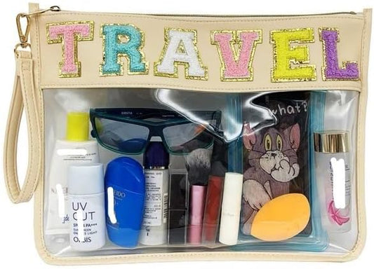 TopTTanBo Chenille Letter Clear Bag Purse Multi-purpose Transparent Waterproof Snacks Makeup Tote Bag with Wrist Strap