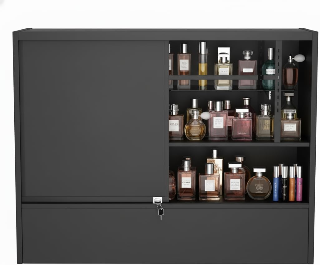 WISDOMFUR 4-Foot Display Showcase with LED Lighting – 48" L x 18" W x 38" H, Adjustable Glass Shelf, Locking Sliding Doors, Melamine Finish – Black Retail Display Cabinet