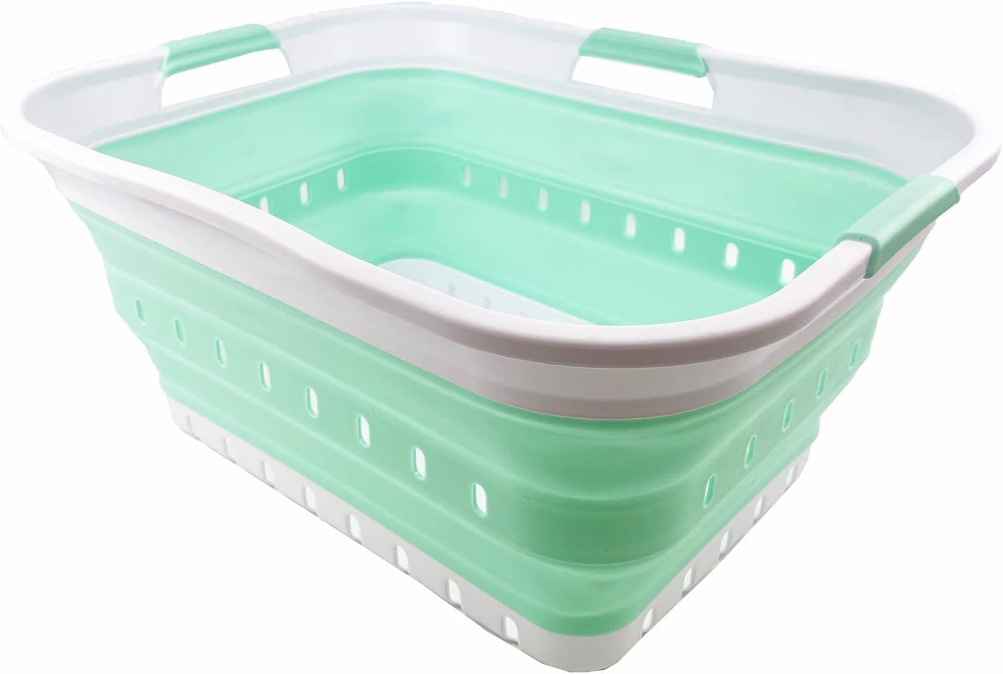 SAMMART 42L (11 gallon) Collapsible Plastic Laundry Basket - Foldable Pop Up Storage Container/Organizer - Portable Washing Tub - Space Saving Hamper/Basket (White/Pale Jade)