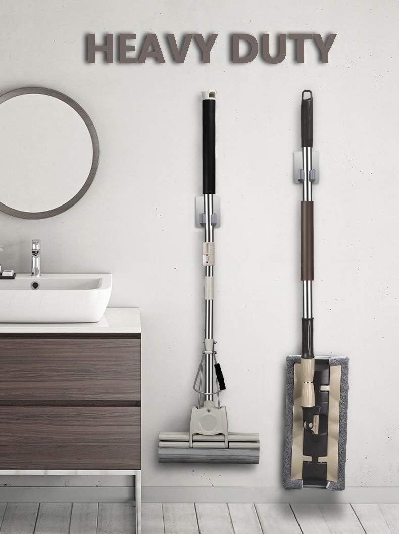 HANZE 2 Pack Stainless Steel Mop Broom Holder Organizer, Self Adhesive Wall Mounted Mop Organizer Storage Rack Clip for Kitchen Bathroom and Garage (Rectangle, Large)