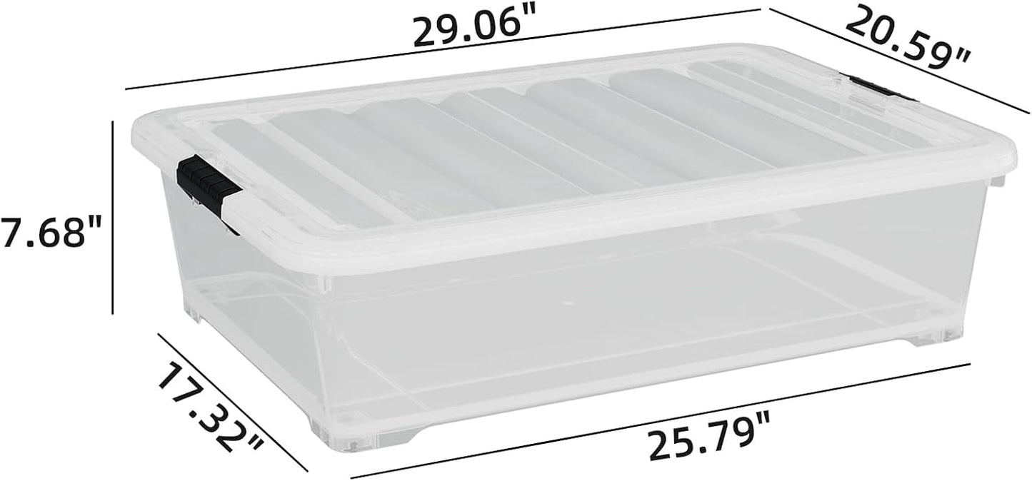 50 Quart Plastic Under Bed Storage Container, 4-Pack Large Clear Latching Storage Box with Wheels
