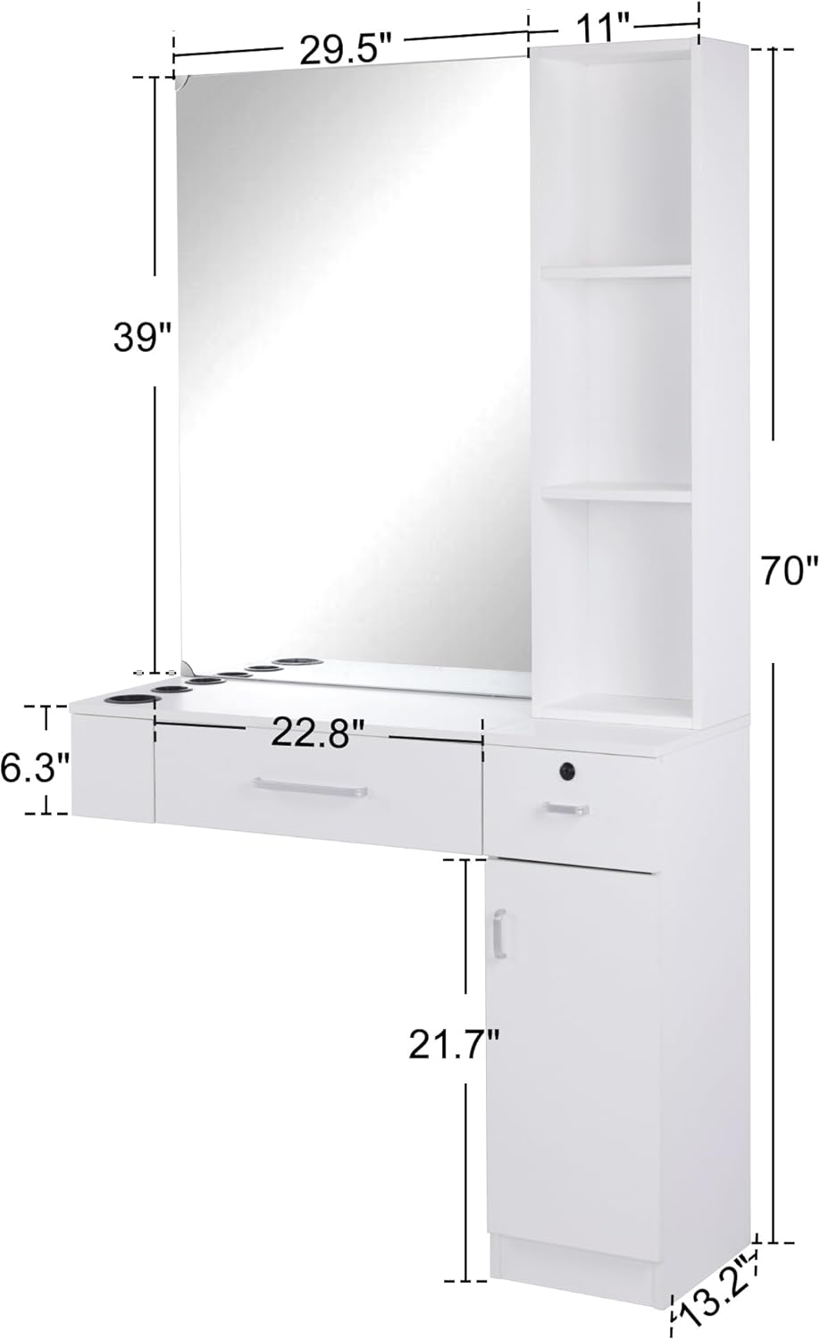 BarberPub Wall Mount Salon Station with 3 Hair Dryer Holders Hair Styling Station with Mirror Beauty Salon Spa Equipment Set 3026 (White)