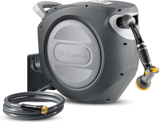 GLAHODEN Retractable Garden Hose Reel 5/8 in x 100 ft Metal Bracket, 2025 Upgraded Dual Ratchet Lock UV & Freeze Protection Brass Seal Slow Retraction Anti-Tangle Hose 180°Swivel