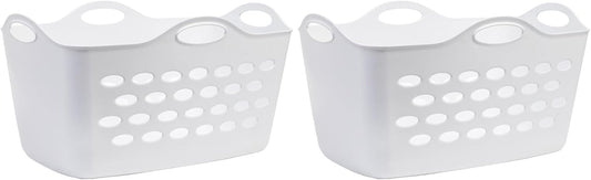 2 Piece, White Rectangular Uncovered Laundry Baskets With 4 Perforated Handles, Suitable For Laundry Rooms, Bedrooms, Living Rooms, Fitting Rooms, Etc.