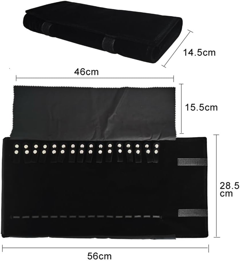Velet Travel Jewelry Case Roll Bag Organizer for Necklace Bracelet Black Gray Velvet (Black with elastic)