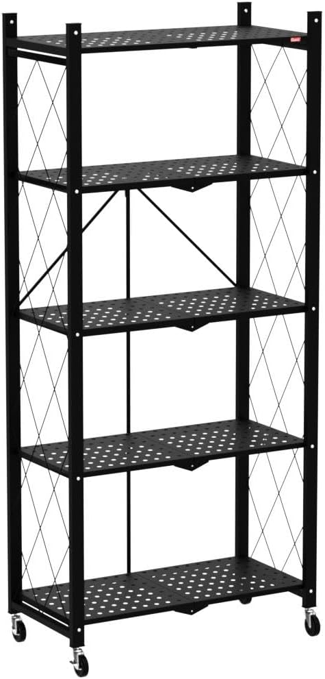 DEANIC 5 Tier Foldable Storage Shelves with Wheels, Large Capacity Shelving Unit, Freestanding Metal Wire Shelf Rack, No Assembly Organizer Rack for Garage Kitchen, Basement, Pantry(Black)