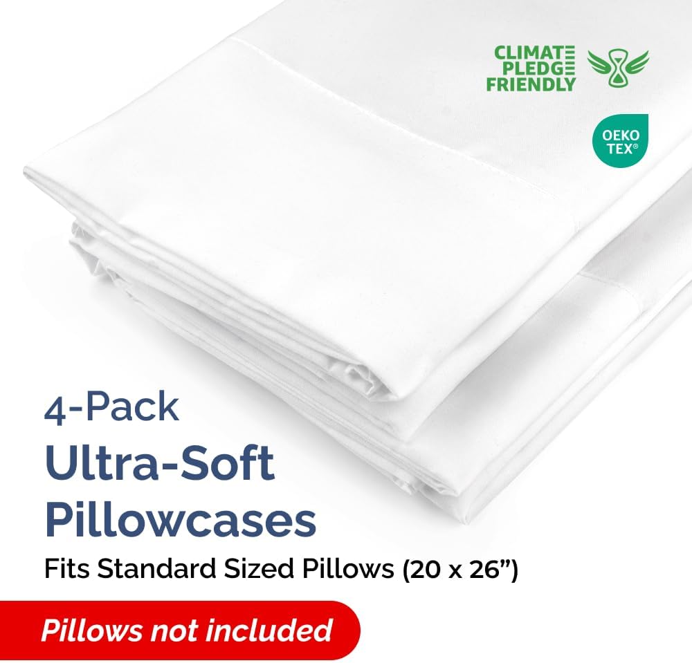 Standard Pillow Cases - 4 Pack - Super Soft Pillowcase Covers - Envelope Enclosure - Hotel Quality Pillow Protectors - Wrinkle Free, Shrink and Stain Resistant - Machine Washable - 20" x 26" (White)