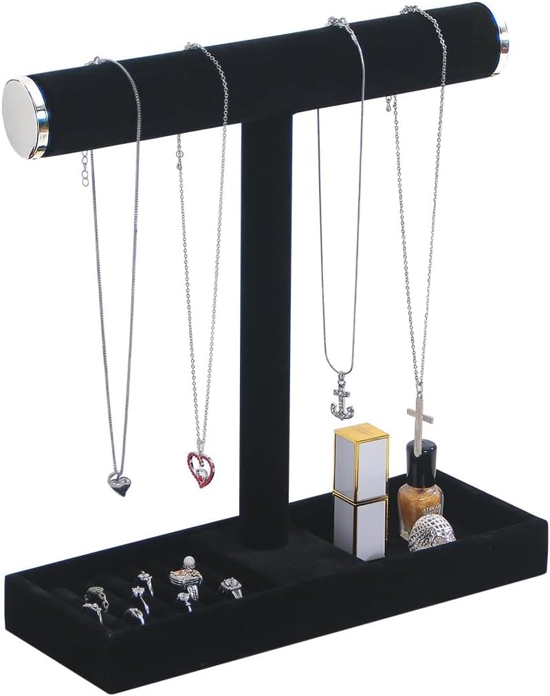 Multi-Use Jewelry Holder Stand, Necklace Bracelet Ring Organizer Stand, Scrunchie Watches Velvet Jewelry Holder Stand With Tray for Women Girls Home Use(Black with Lid)
