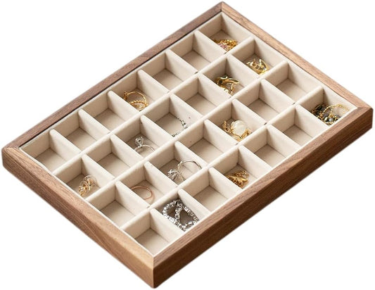 28-Grid Black Walnut Wooden Jewelry Tray with Velvet Lining, Premium Jewelry Display Tray for Earrings and Rings, Drawer Organizer Display Tray for Women's Jewelry Collection