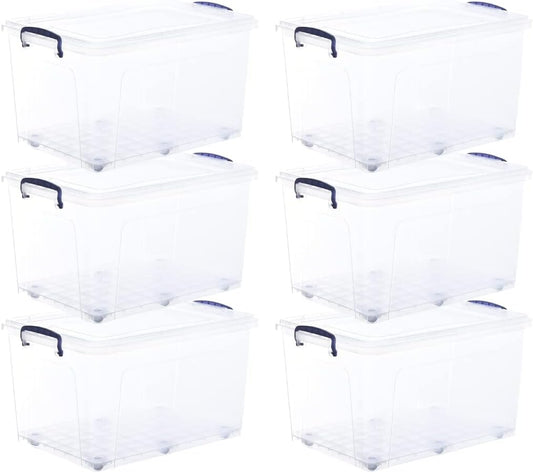 Superio Storage Bins with Lids- Clear Boxes for Organizing, Stackable Plastic Containers- BPA Free, Non-Toxic, Odor Free, Organizer for Home, Office, Dorm (6 Pack, 44 Qt (Wheeled))
