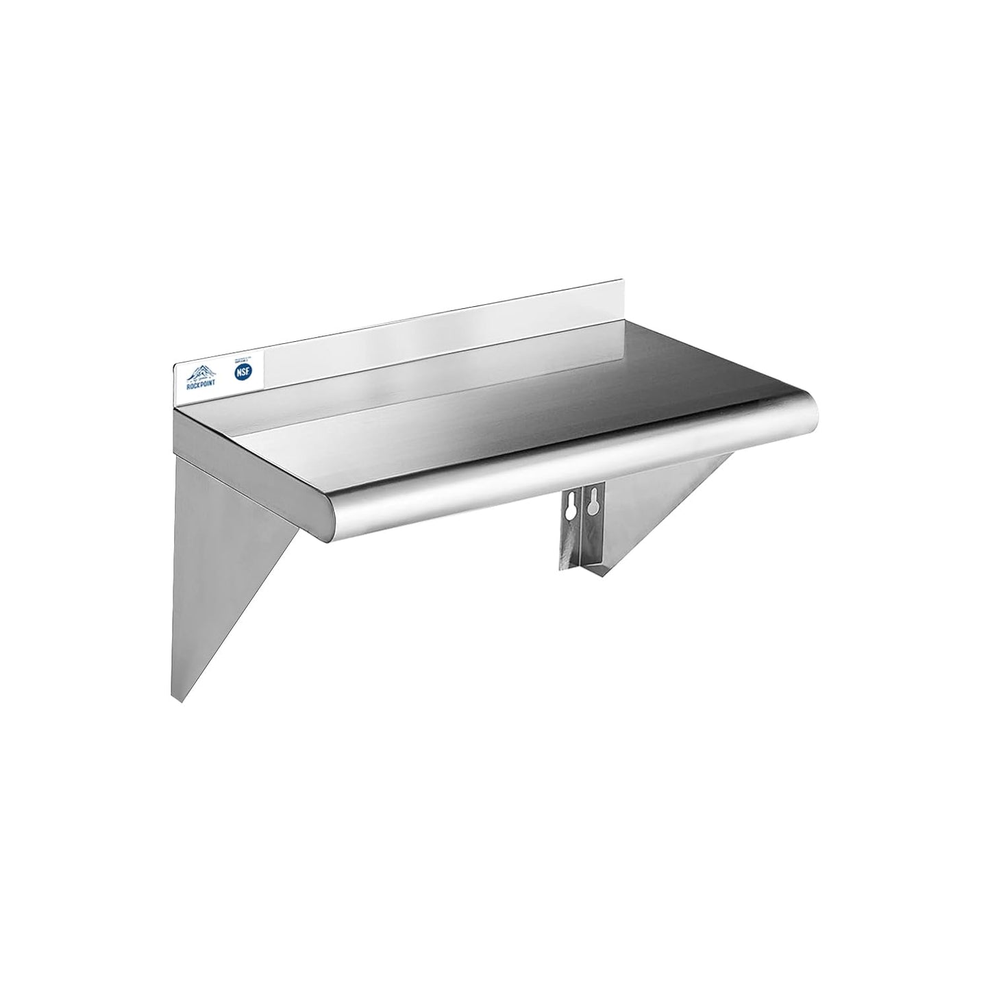 ROCKPOINT Stainless Steel Shelf 10 x 24 Inches 210lb, NSF Metal Commercial Shelves Wall Mount Floating Shelving with Backsplash for Restaurant, Kitchen, Home and Hotel, Silver