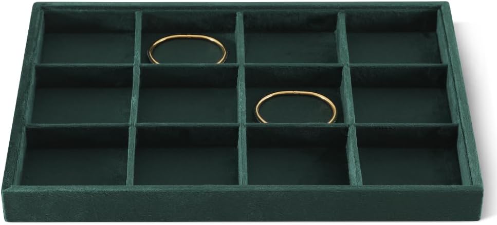 Velvet Stackable Jewelry Display Tray, 12 Grid Watch Bangle Bracelet Storage Tray, Makeup Drawer Insert Jewelry Shop Organizer Plate (Green)