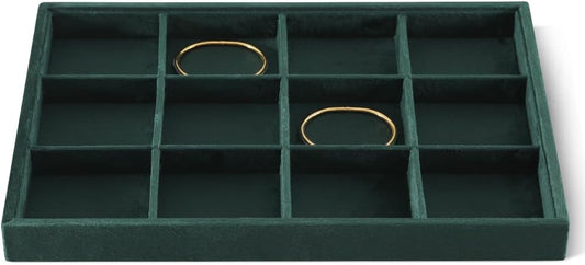Velvet Stackable Jewelry Display Tray, 12 Grid Watch Bangle Bracelet Storage Tray, Makeup Drawer Insert Jewelry Shop Organizer Plate (Green)