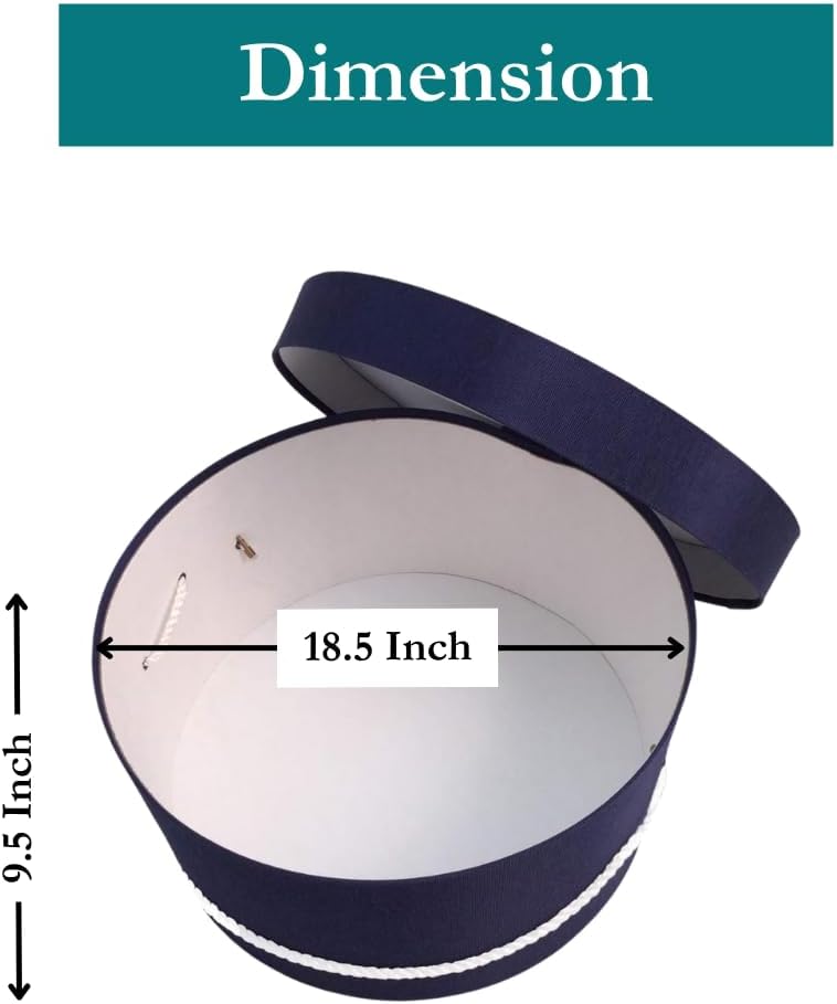 Sarah's Hat Boxes Classic Navy Hat Box – 18.5" x 9.5" (Dia. x Ht.) Handmade in USA – Odorless Non-Toxic Adhesive, Cording Handle – Premium Storage for Hats & Accessories