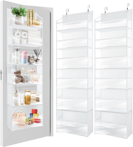 HOMELUX THEORY Over The Door Organizer Hanging - 50lbs Load 6 Large Front & 12 Side Pockets, 2 Pack Over The Door Shoe Organizer, Hanging Closet Organizer For Toys, Diaper, Sewing (Transparent)