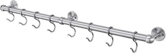 ROTHLEY Stainless Steel Hanging Pot Rack Hanger: 23.7 Inch Pot and Pan Hanger Wall Mounted Hanging Pot Bar Rack Heavy Duty Pot Hangers Kitchen Rail with 8 S Hooks (Brushed)