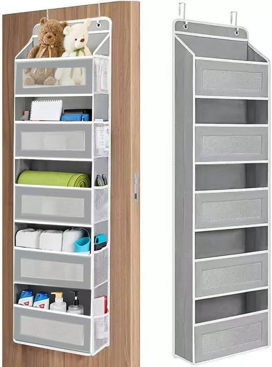 5-Tier Hanging Door Storage Rack Includes 5 shelves and 5 side mesh pockets Multi-compartment design Holds up to 44 lbs Ideal for bathrooms, bedrooms, nurseries, and kitchens (Gray/Black/Charcoal)